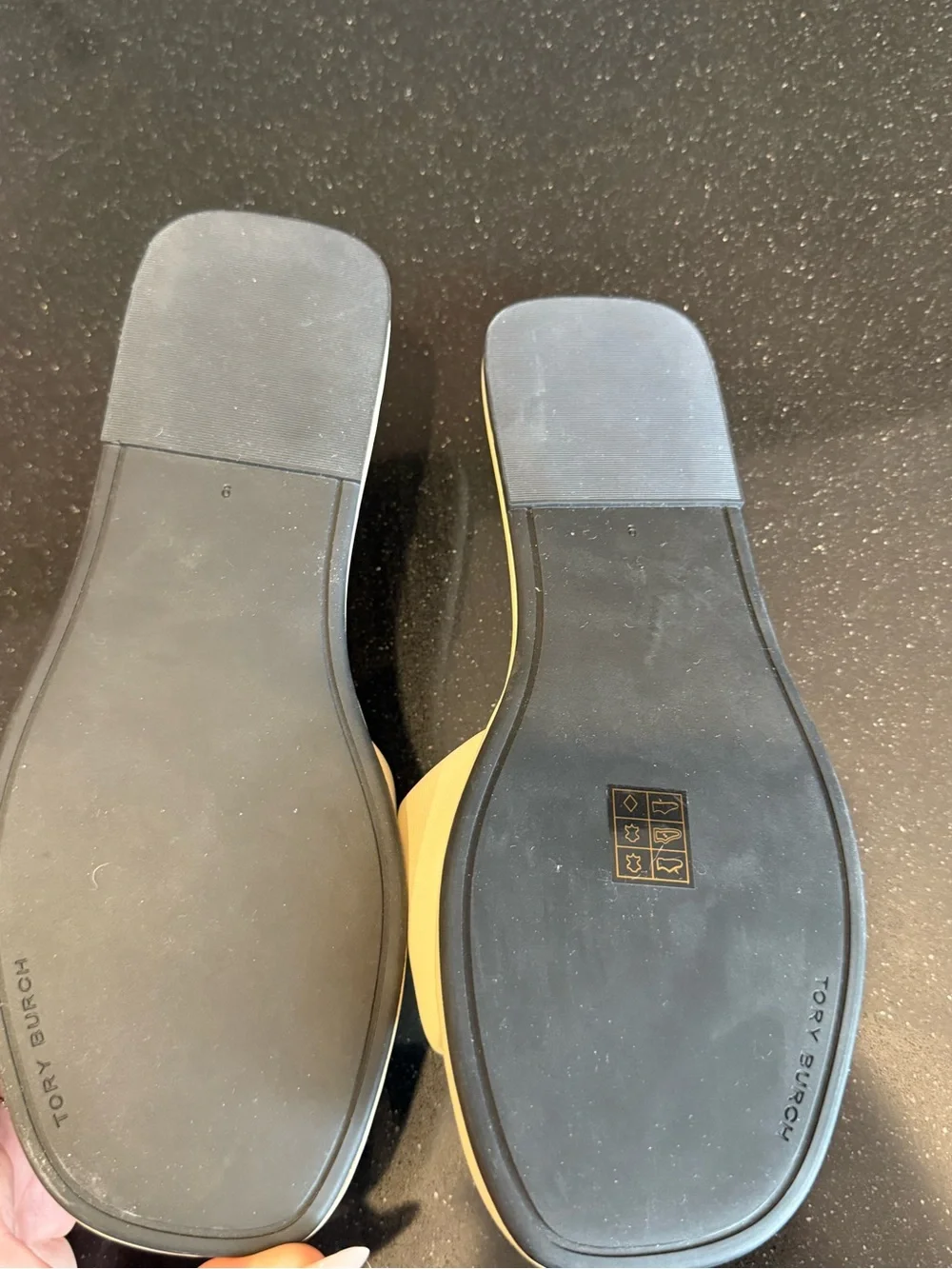 Tory Burch Cream and Black Logo Slide Sandals